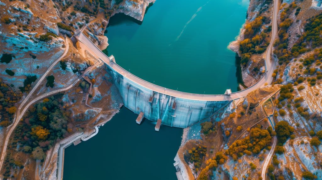 Aerial view of a dam and reservoir representing stop loss aggregate reinsurance protection